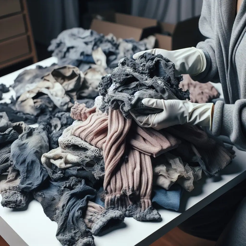 Smoke damaged clothes being sorted for cleaning