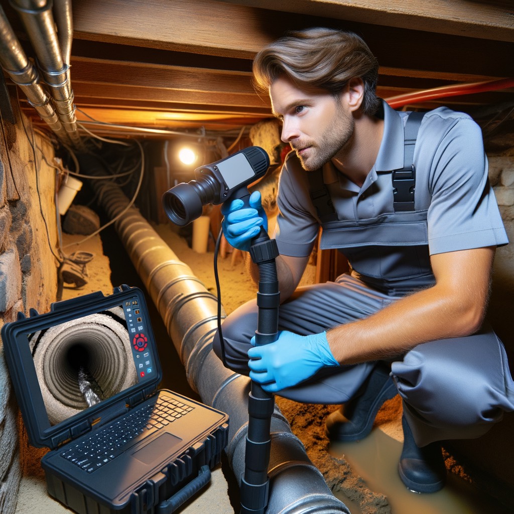 Licensed plumber inspecting cast iron pipes with camera