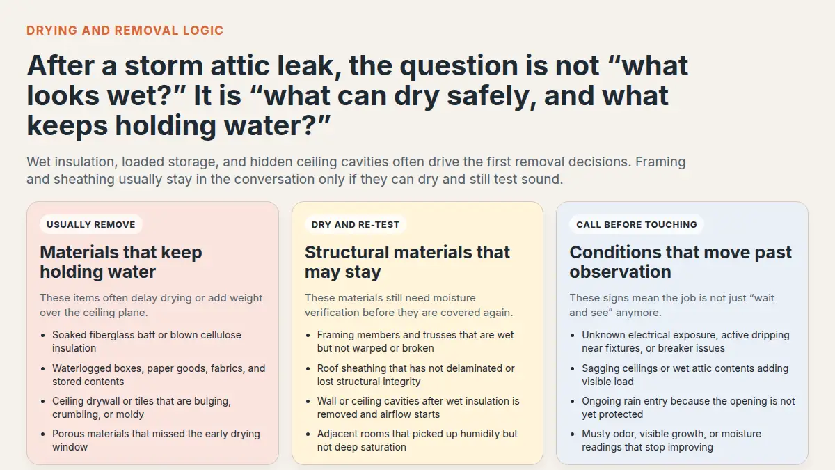 Attic material decisions after a storm leak: what usually leaves, what can dry, and when to call for help.