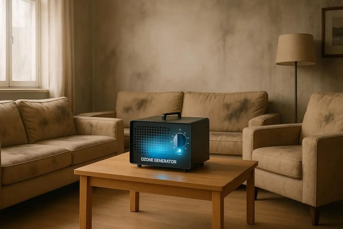 Ozone generator staged in a smoke-affected living room.