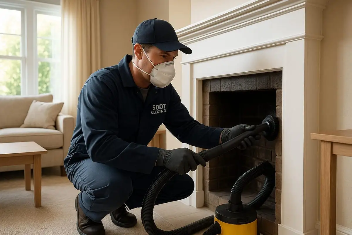 Technician vacuuming soot around a fireplace opening.