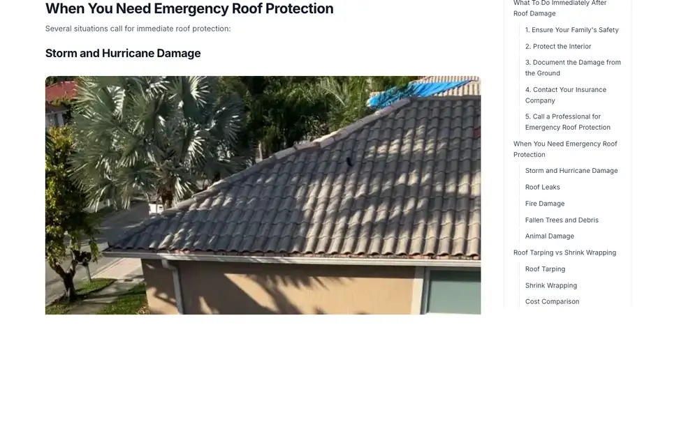 Total Care Restoration roof tarping and shrink wrapping service guide.