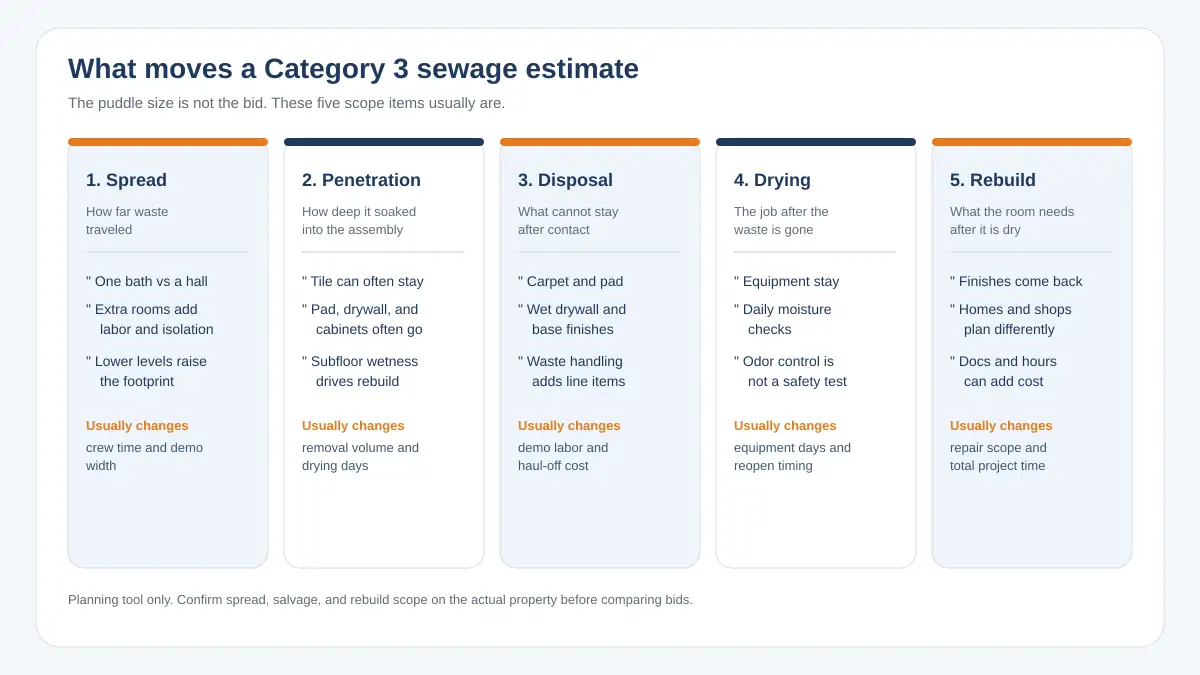 Five Category 3 cost drivers: spread, penetration, disposal, drying, and rebuild.
