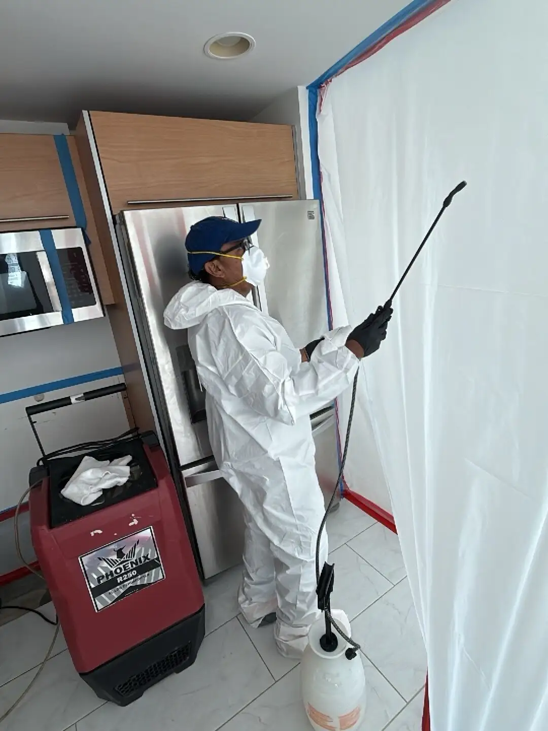 Antimicrobial spray inside kitchen containment in Brickell.