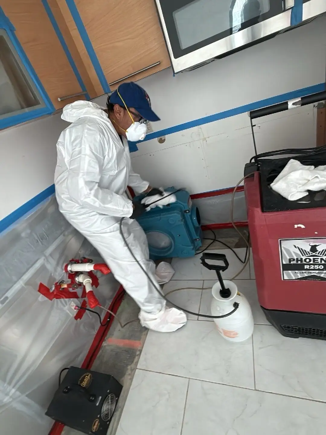 Kitchen antimicrobial treatment in full PPE in Brickell.
