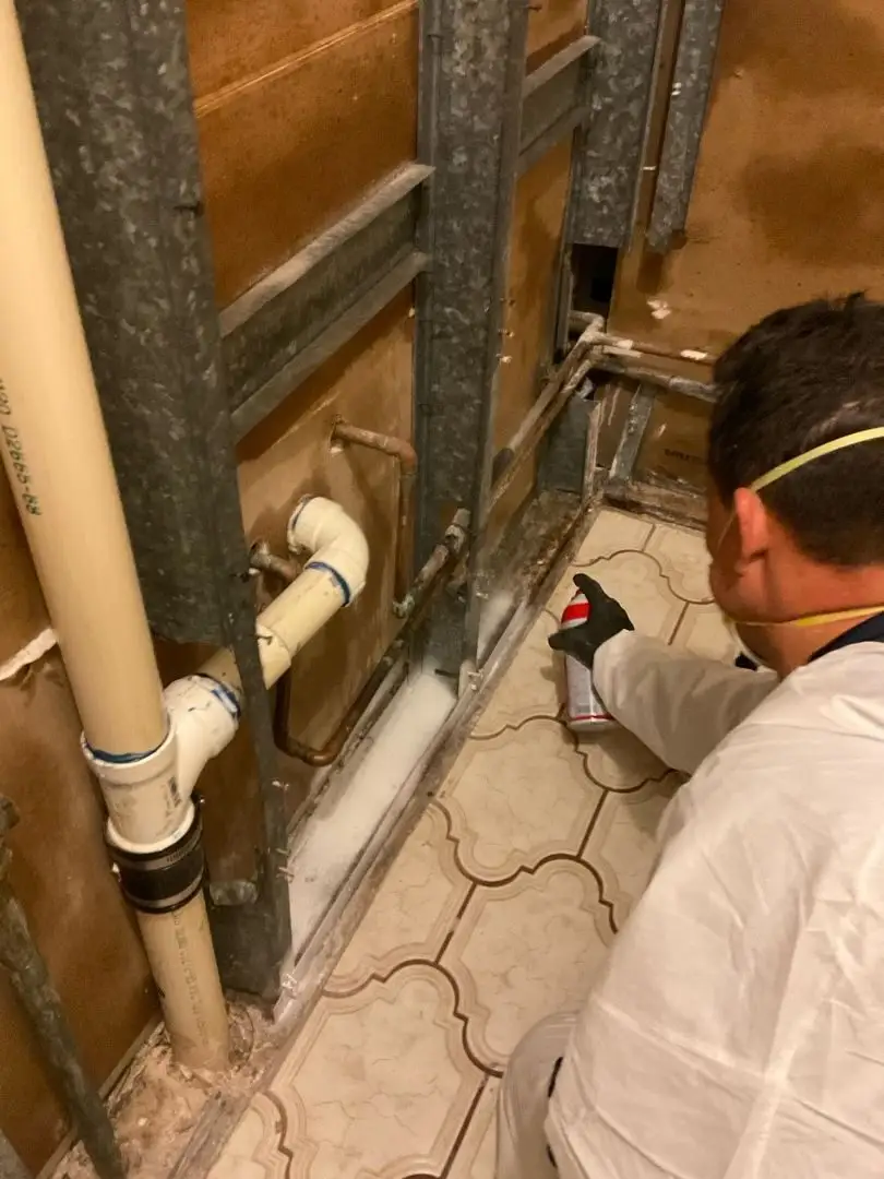 Antimicrobial spray in an open wall with PVC drain and copper lines.