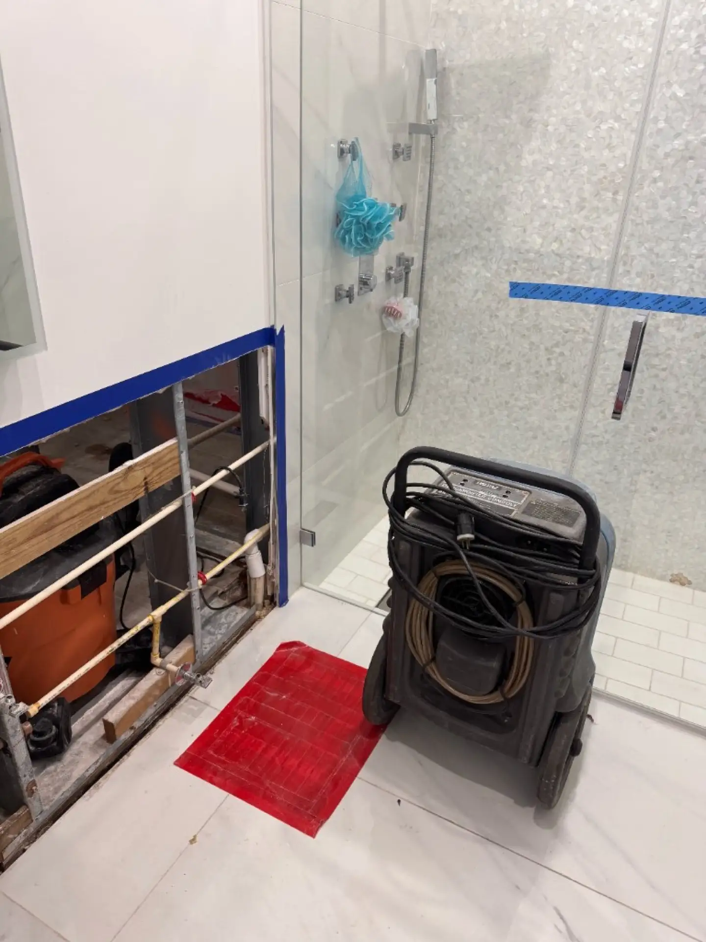 Bathroom shower wall opened for remediation with dehumidification and floor protection in Davie