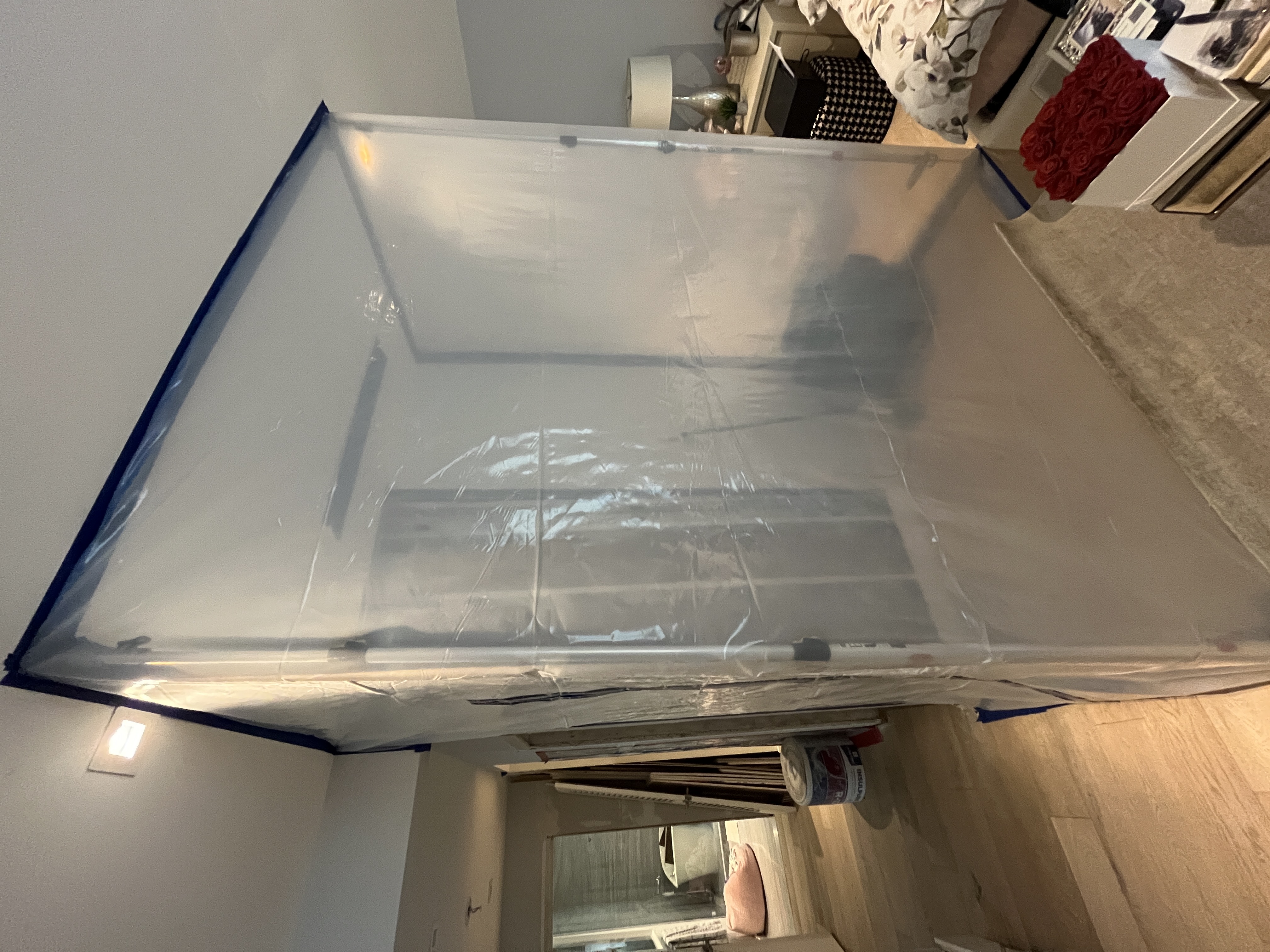 Mold containment area in bedroom showing proper isolation techniques during remediation