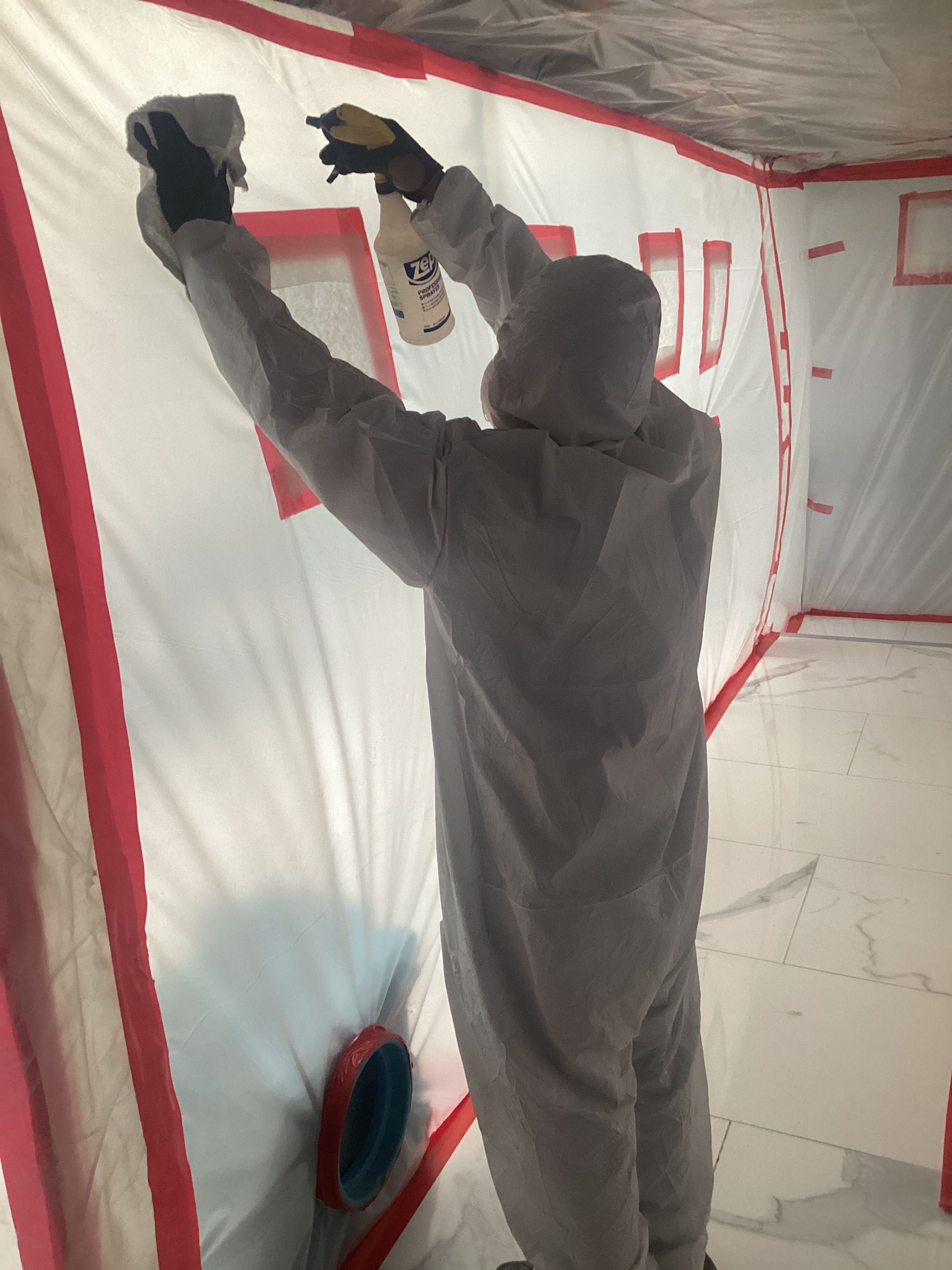 Mold remediation technician cleaning contaminated area