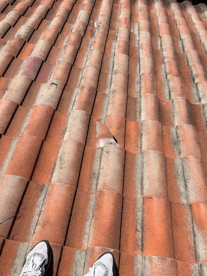 Damaged roof tiles after storm requiring professional assessment